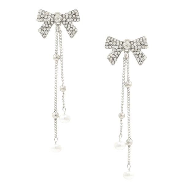 RHINESTONE RIBBON BOW PEARL BEAD CHAIN DANGLE EARRING