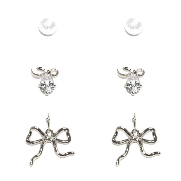 METAL RIBBON BOW EARRING 3 PAIR SET