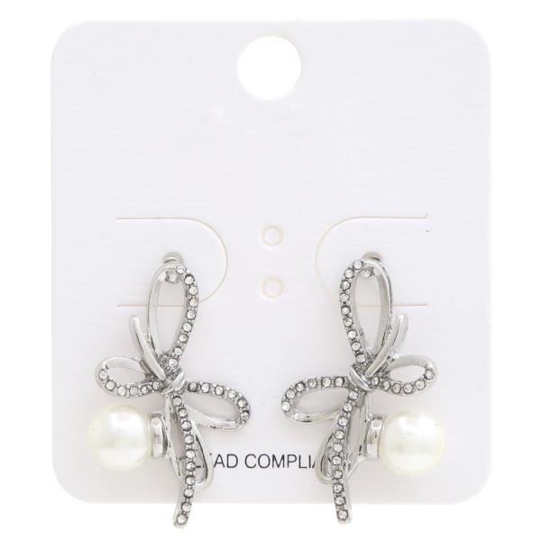 DOUBLE RIBOON BOW PEARL BEAD METAL EARRING