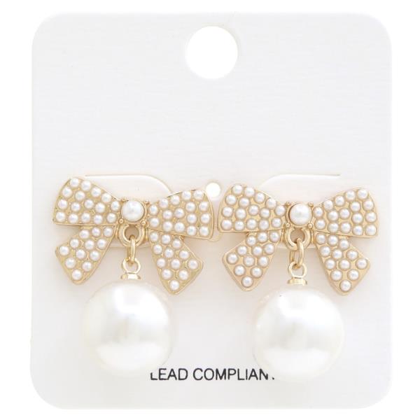 PEARL PAVED RIBBON BOW WITH PEARL BEAD DANGLE EARRING