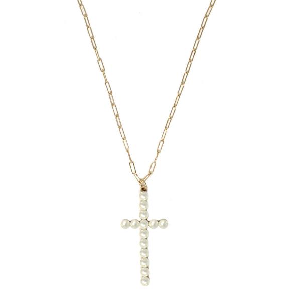 METAL CHAIN CROSS PEARL PENDANT NECKLACE