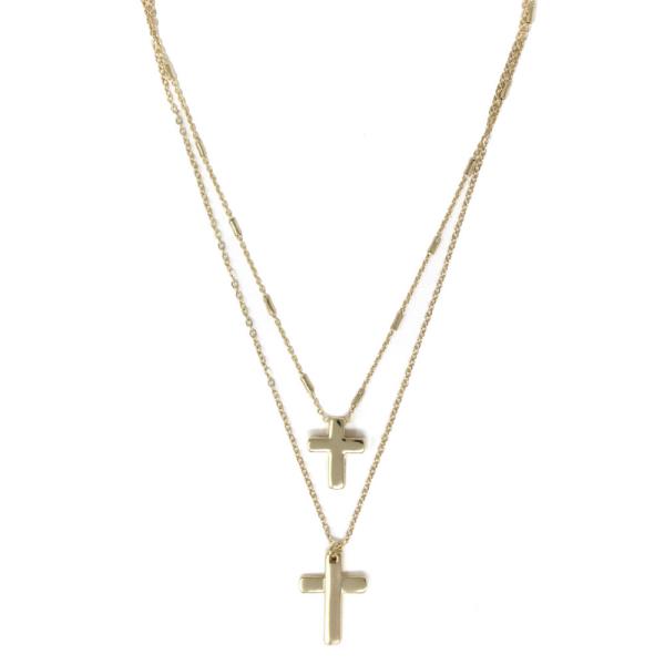 2 LAYERED METAL CHAIN CROSS PENDANT NECKLACE