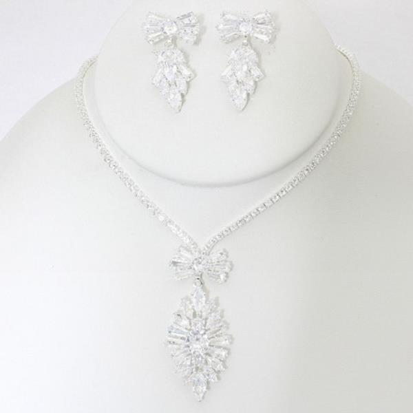 RIBBON BOW CZ RHINESTONE NECKLACE EARRING SET