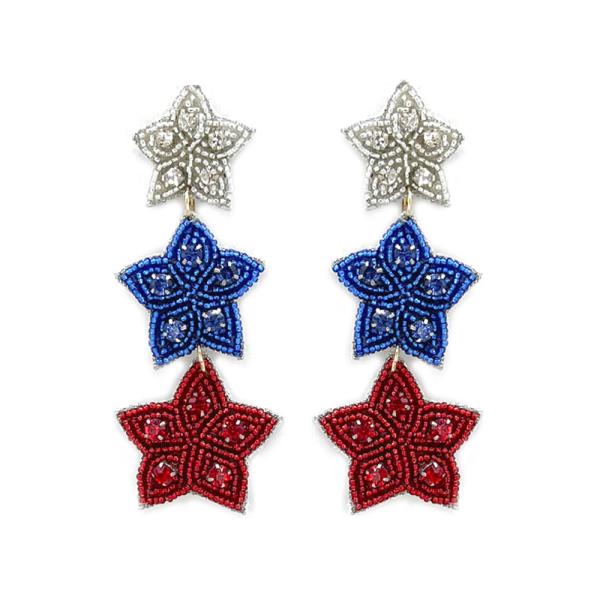 SEED BEAD RED BLUE WHITE STAR DROP EARRING