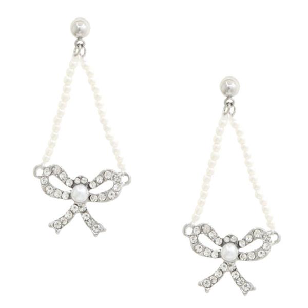 RHINESTONE BOW PEARL BEAD DANGLE EARRING