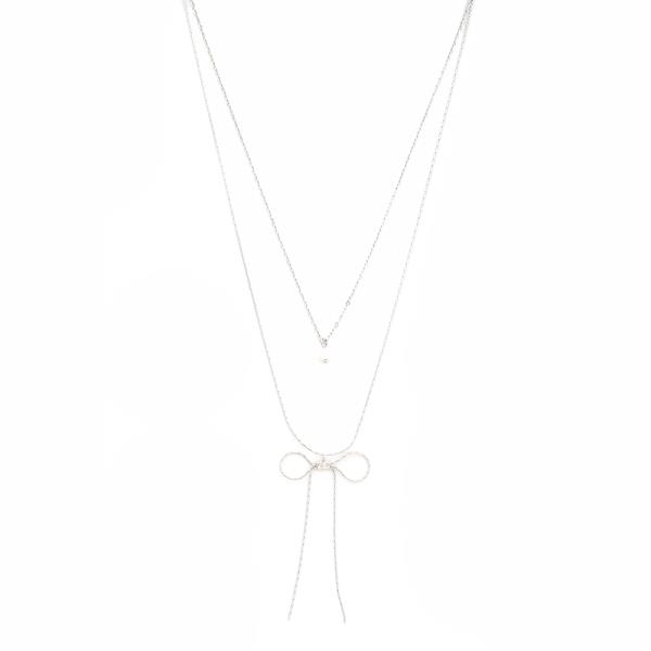 2 LAYERED METAL CHAIN RIBBON PEARL PENDANT NECKLACE