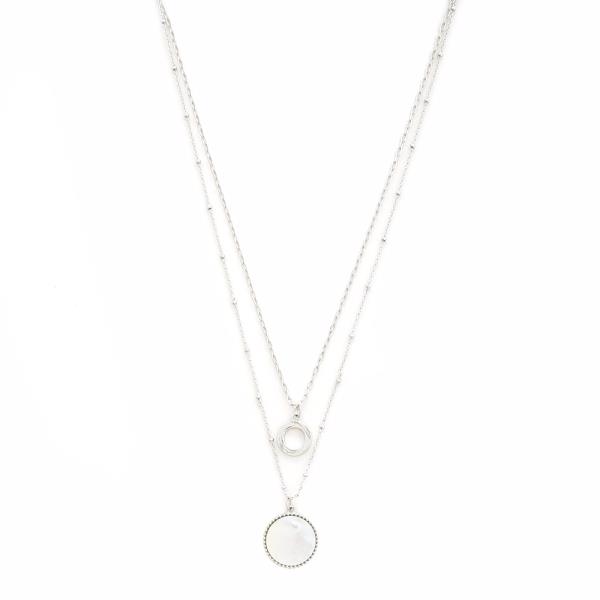2 LAYERED METAL CHAIN MOTHER OF PEARL ROUND PENDANT NECKLACE