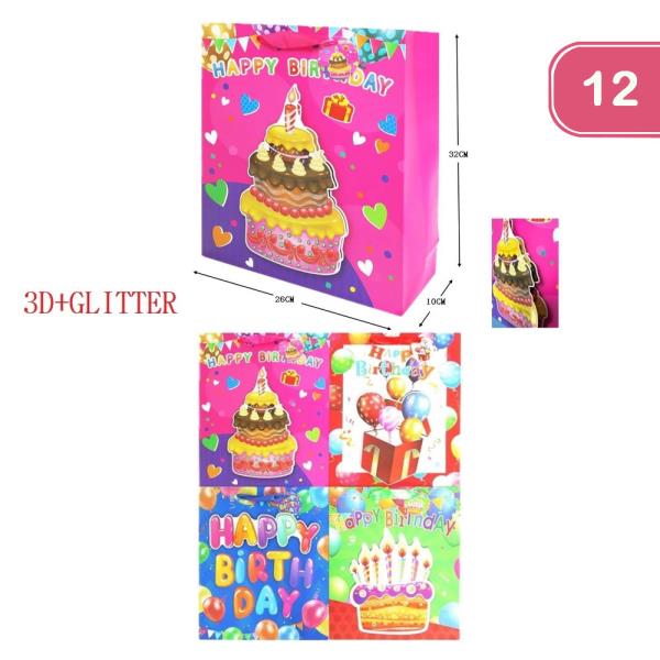 3D GLITTER HAPPY BIRTHDAY GIFT BAG (12 UNITS)