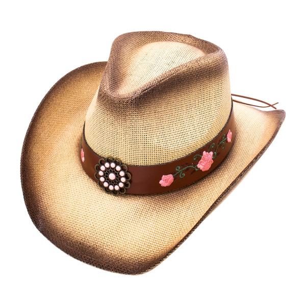 WESTERN STYLE FLOWER FAUX LEATHER BAND COWBOY HAT