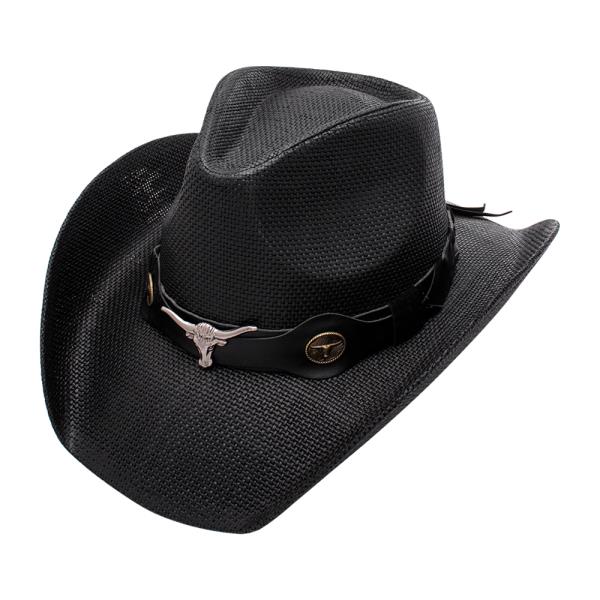 METAL FAUX LEATHER COW SKULL BAND COWBOY HAT