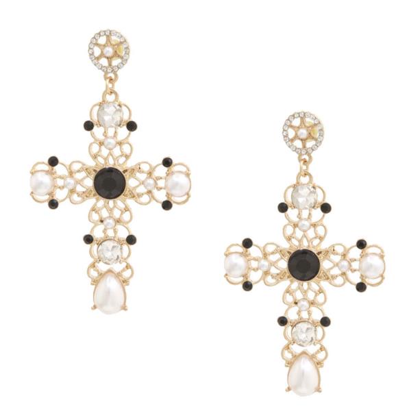 PEARL BEAD RHINESTONE CROSS DANGLE EARRING