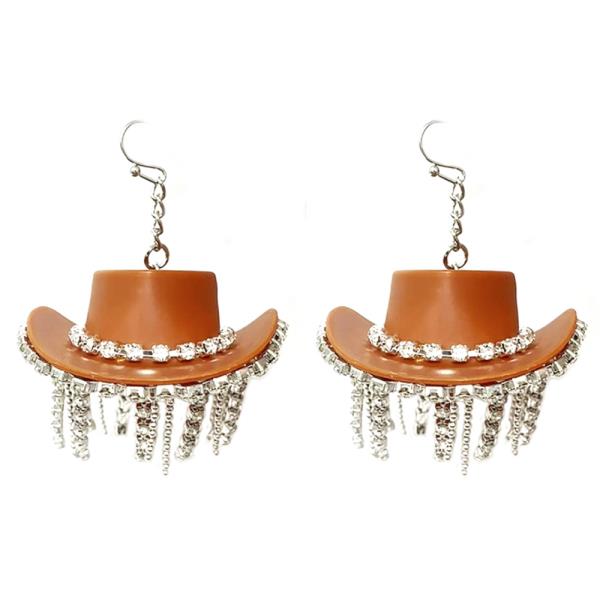 WESTERN COWBOY HAT RHINESTONE TASSEL DANGLE EARRING