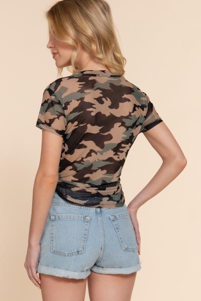 ($7.95/EA X 6 PCS) KNOTTED CAMO PRINT MESH SHORT SLV TOP