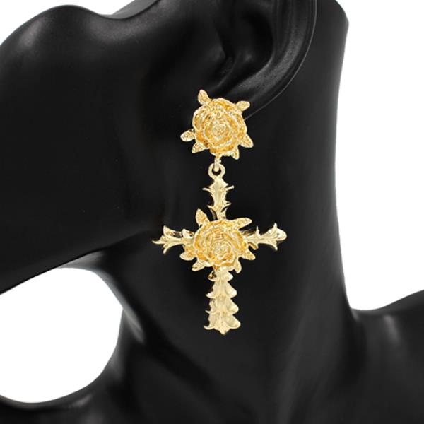 WIDE METAL ROSE CROSS DANGLE EARRING