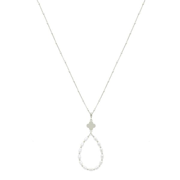 TEARDROP PEARL AND CLOVER NECKLACE