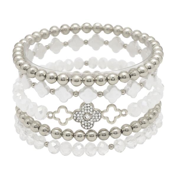 CLOVER METAL PEARL RHINESTONE STRETCH BRACELET SET