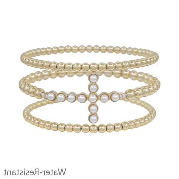 PEARL CROSS 5 AND  4MM CCB STRETCH BRACELET