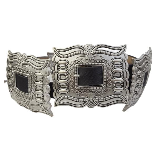 WESTERN SILVER RECTANGULAR CONCHO LEATHER BELT