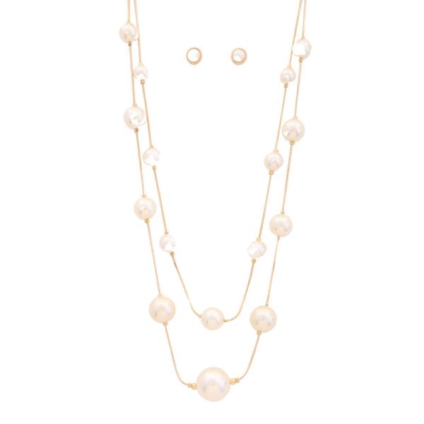 2 LAYERED PEARL STATION LONG NECKLACE EARRING SET