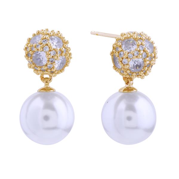 14K GOLD/WHITE GOLD DIPPED CRYSTAL TOP PEARL DROP POST EARRINGS