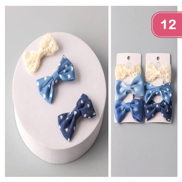 DENIM HEART AND LACE BOW HAIR PINS (12 UNITS)