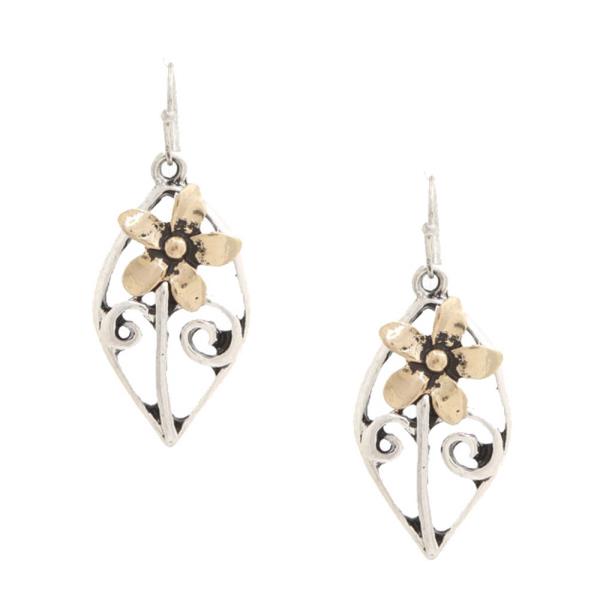 TWO TONE POINTED OVAL FLOWER METAL DANGLE EARRING