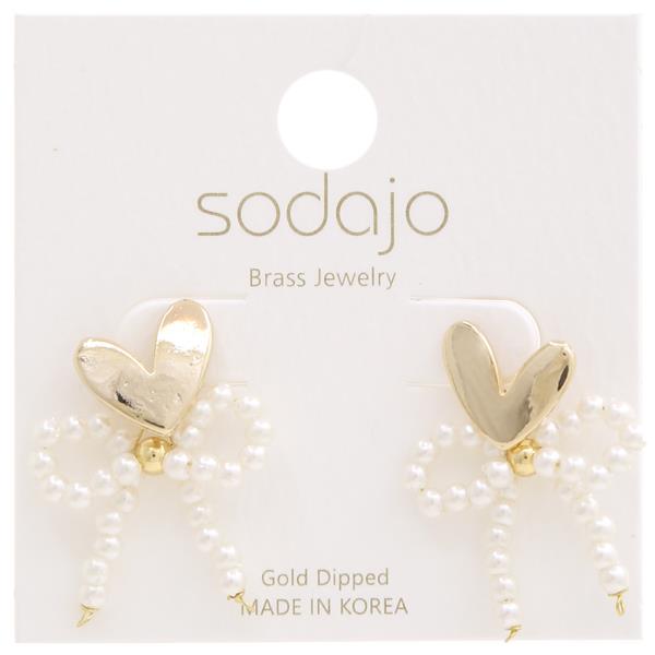 SODAJO GOLD DIPPED BRASS METAL HEART RIBBON PEARL EARRING