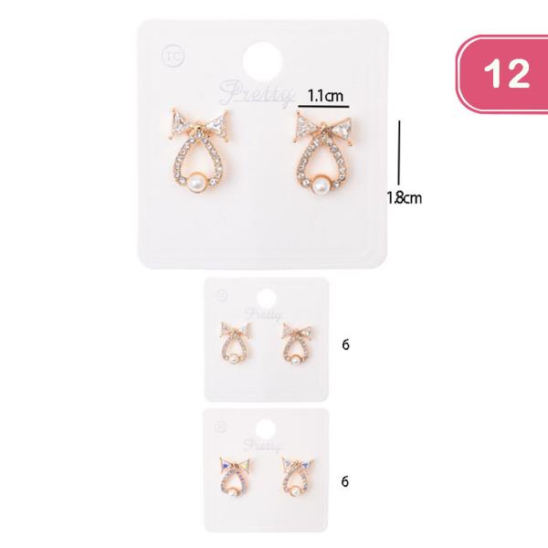 RHINESTONE BOW  PEARL EARRING (12 UNITS)