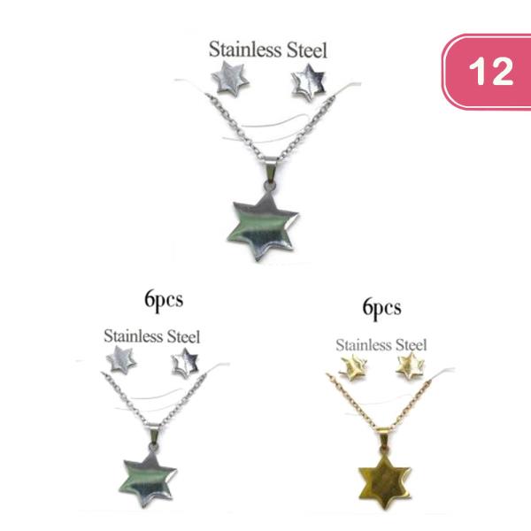 STAR STAINLESS STEEL NECKLACE EARRING SET (12 UNITS)