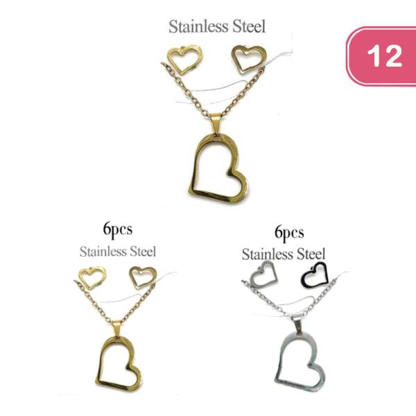 STAINLESS STEEL HEART NECKLACE AND EARRING SET (12 UNITS)