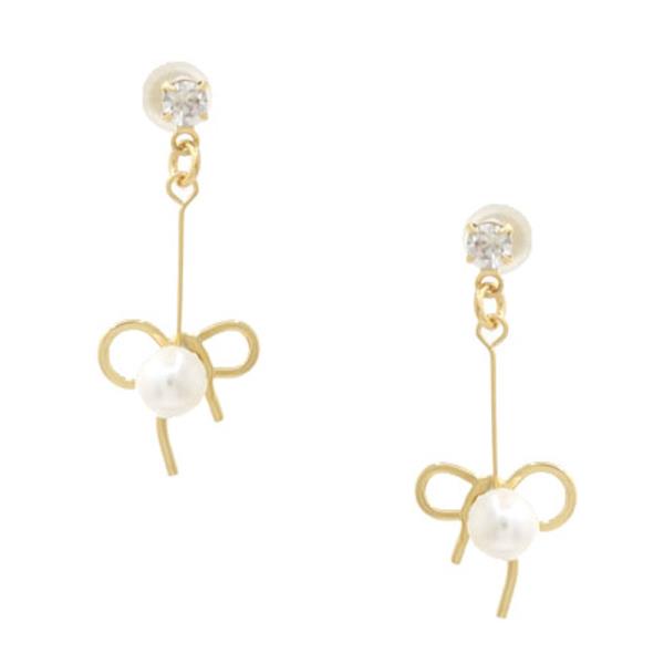 SODAJO DAINTY BOW CZ PEARL BEAD GOLD DIPPED EARRING