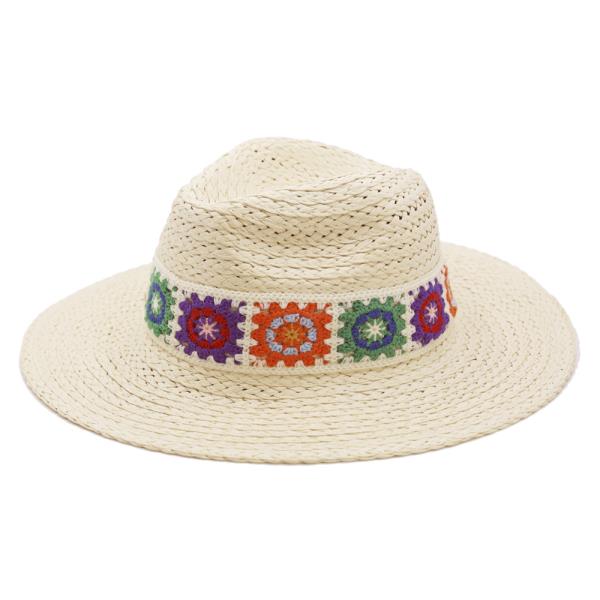 FLORAL CROCHET BAND STRAW HAT.