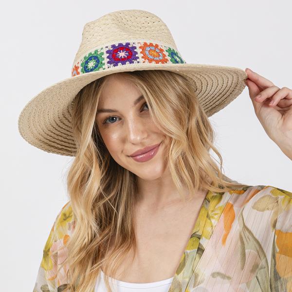 FLORAL CROCHET BAND STRAW HAT.