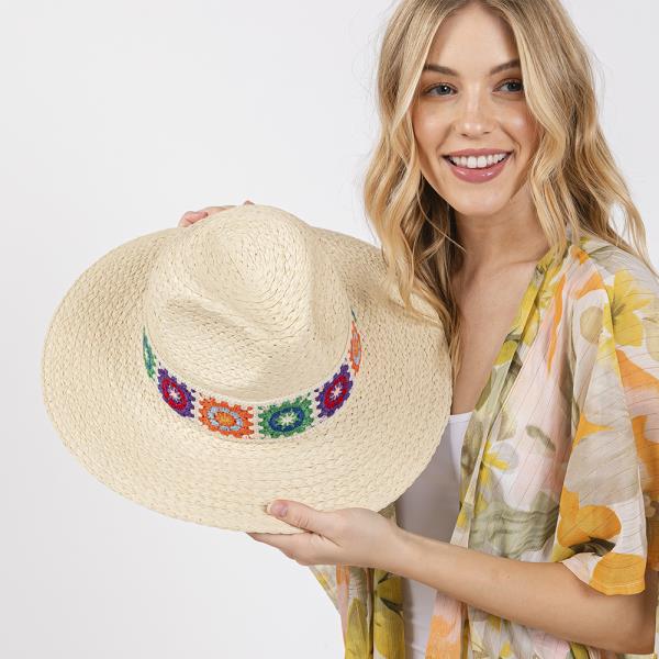 FLORAL CROCHET BAND STRAW HAT.