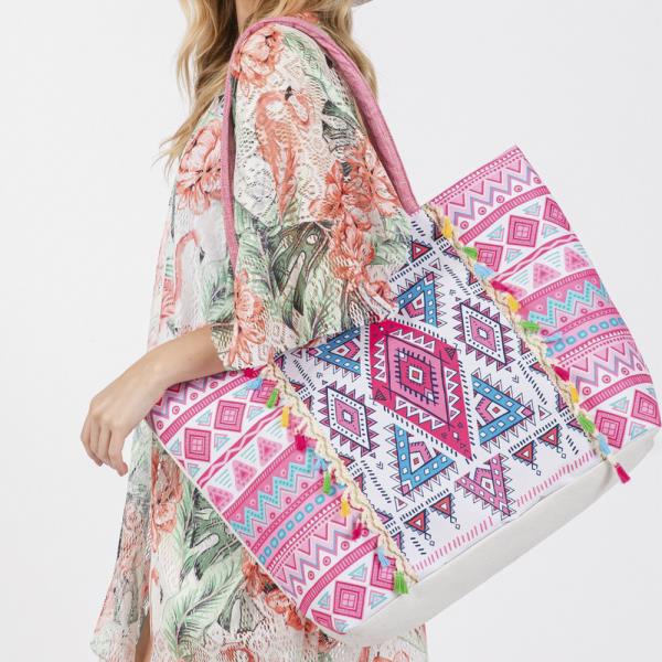 BOHO PRINT FRINGE TOTE BAG