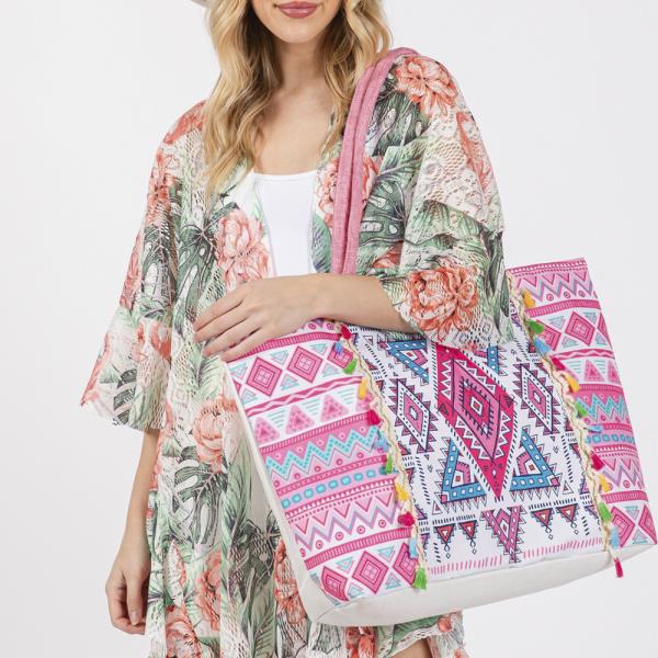 BOHO PRINT FRINGE TOTE BAG