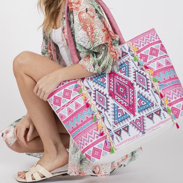 BOHO PRINT FRINGE TOTE BAG