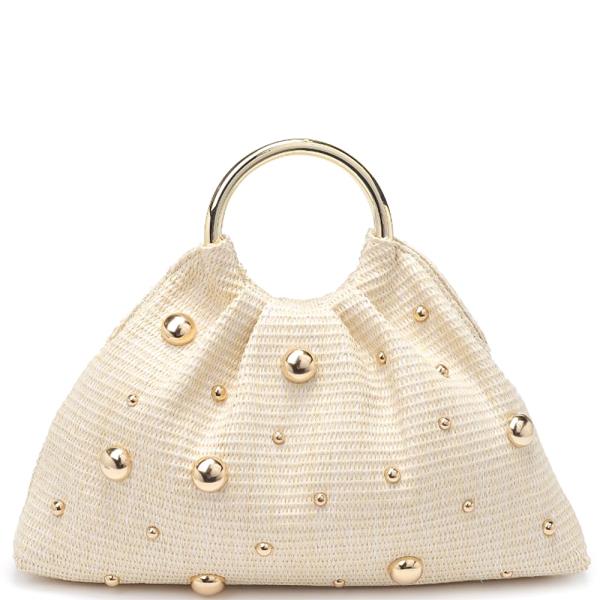 WOVEN STRAW STUD HARPER EVENING BAG