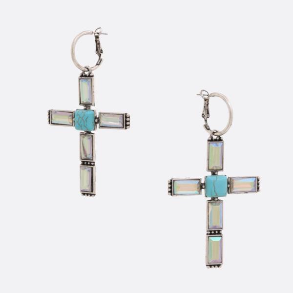 RHINESTONE CROSS HOOP EARRING