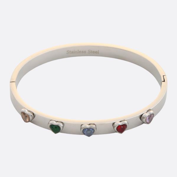 STAINLESS STEEL HEART STONE HINGED BRACELET