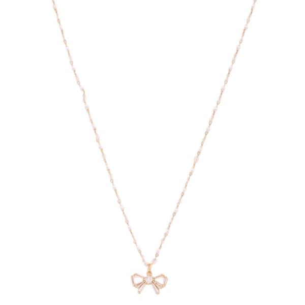 SDJ PEARL METAL CHAIN RIBBON BOW PENDANT NECKLACE