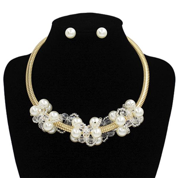 PEARL CLEAR BALL CHUNKY NECKLACE EARRING SET