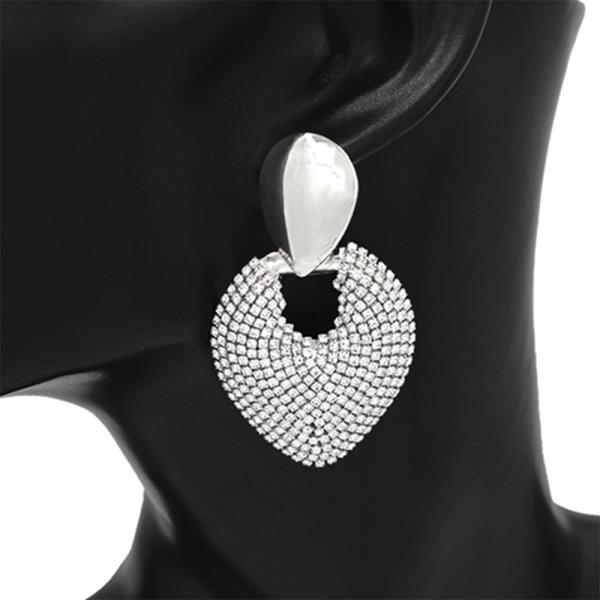 METAL TEARDROP RHINESTONE HEART DANGLE EARRING