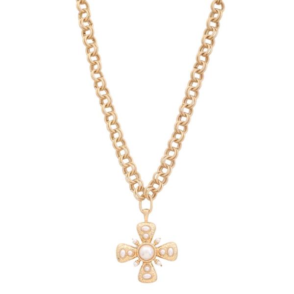 METAL PEARL CROSS PENDANT NECKLACE