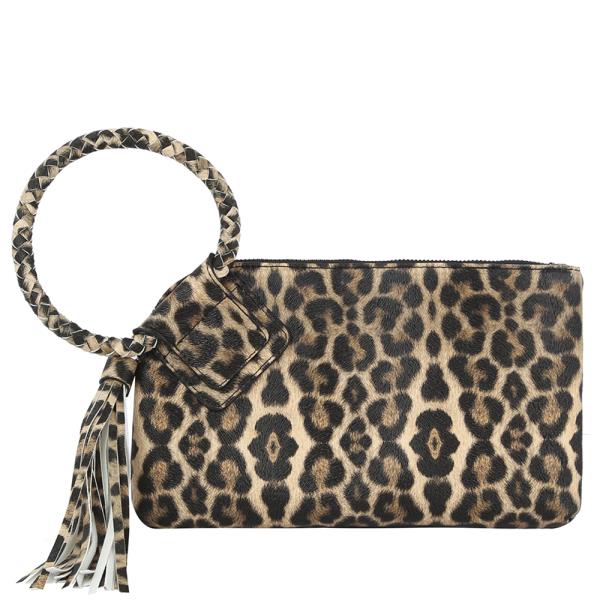 LEOPARD CUFF HANDLE TASSEL CLUTCH BAG