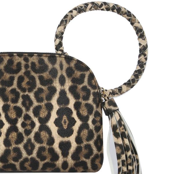 LEOPARD CUFF HANDLE TASSEL CLUTCH BAG