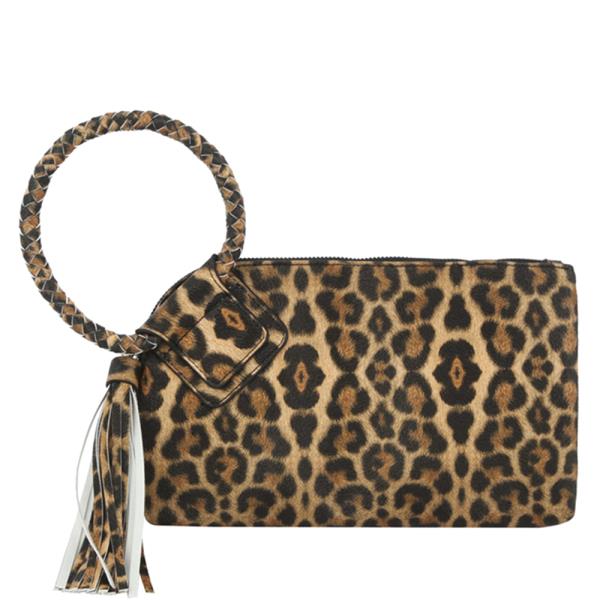 LEOPARD CUFF HANDLE TASSEL CLUTCH BAG