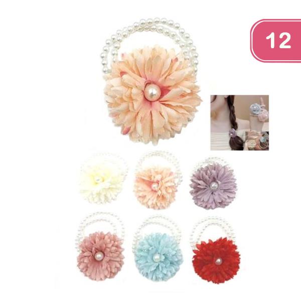 PEARL BEADED FLOWER HAIR SCRUNCHIE (12 UNITS)