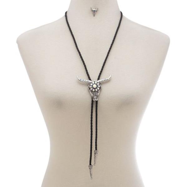 WESTERN STYLE FLOWER TQ STONE LONG ADJUSTABLE NECKLACE EARRING SET