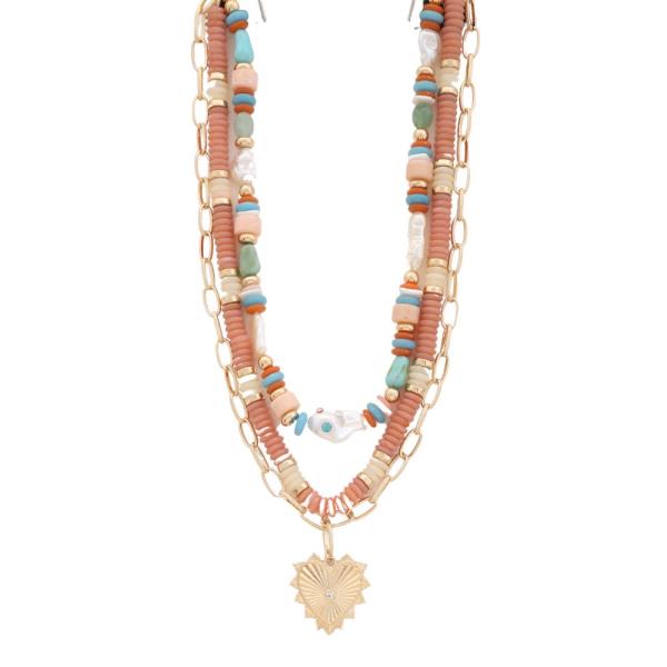 LAYERED MULTI BEAD HEART PENDANT NECKLACE